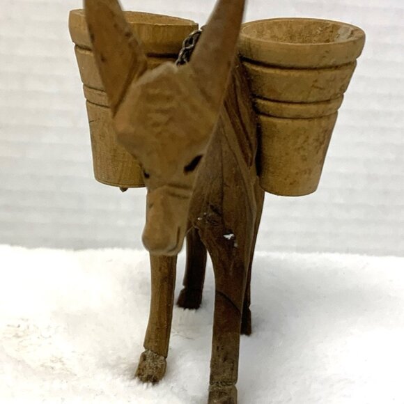 Hand Carved Wooden Mule Donkey Water Barrels Chain Rein Miniature Brown - Picture 4 of 9